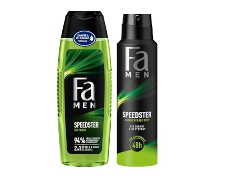 FA Duschgel Men Speedster mit Taurin (1x 250ml) 2in1 Formel für Körper & Haare & Deospray (1x 150 ml) mit erfrischendem Duft von Zitrus & Zitronengras 48h Deo-Schutz ohne Aluminiumsalze von Fa