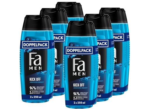 FA Men 2in1 Duschgel Kick Off, 2er Pack (6x 2x250 ml) 2in1 Formel für Haare & Körper, aktiviere deine Sinne mit dem intensiven, maskulinfrischen Duft von Eukalyptus und aquatischer Minze von Fa