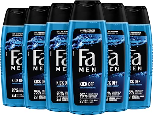 FA Men 2in1 Duschgel Kick Off, 6er Pack (6 x 250 ml) 2in1 Formel für Haare & Körper, aktiviere deine Sinne mit dem intensiven, maskulinfrischen Duft von Eukalyptus und aquatischer Minze von Fa