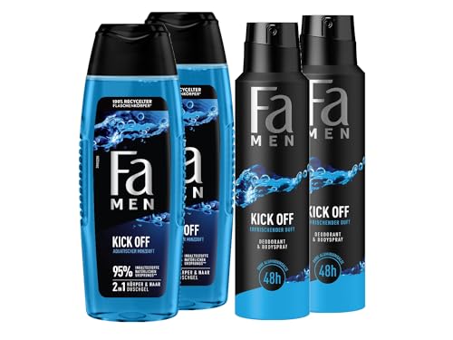 FA Men 2in1 Duschgel Kick Off (2x 250 ml) 2in1 Formel für Haare & Körper & Deospray (2x 150 ml) mit intensiven, maskulinfrischen Duft von Eukalyptus und aquatischer Minze von Fa