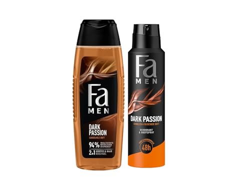 FA Men Duschgel Dark Passion (1x 250ml) 2in1 für Körper & Haar & Deospray (1x 150 ml), mit dem maskuliner Duft von verführerischem Sandelholz & orientalischen Gewürzen von Fa