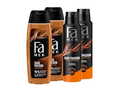 FA Men Duschgel Dark Passion (2x 250ml) 2in1 für Körper & Haar & Deospray (2x 150 ml), mit dem maskuliner Duft von verführerischem Sandelholz & orientalischen Gewürzen von Fa