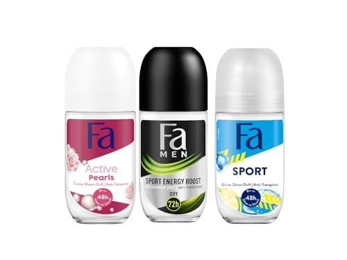 Fa Deo Roll-on Sport (50 ml) 48h Schutz Zitrus & Deo Roll-on Active Pearls (50 ml) Rosenduft & Men Deo Roll-on Sport Energy Boost (50 ml) 72 h Schutz, Ingwer & Zitrone von Fa