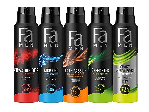 Fa Jahresvorrat For Men mit Anti-Transpirant Deospray Sport Energy Boost & Deodorant & Bodyspray Dark Passion & Attraction Force & Kick Off & Speedster, 5x 150 ml von Fa