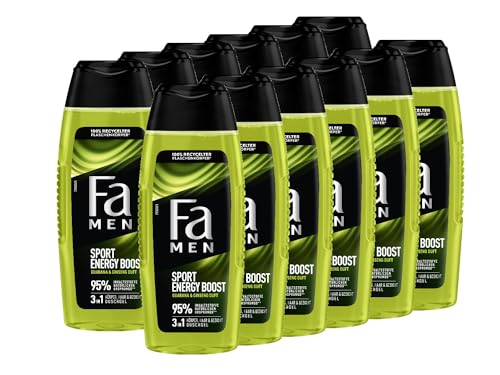 Fa MEN Sport Energy Bosst Double Power Boost Body & Hair (12x 250ml) 3in1 Formel für Körper, Haar & Gesicht, Aktiviere deinen Körtper, Geist & Sinne mit dem erfrischenden Duft von Guarana & Ginseng von Fa