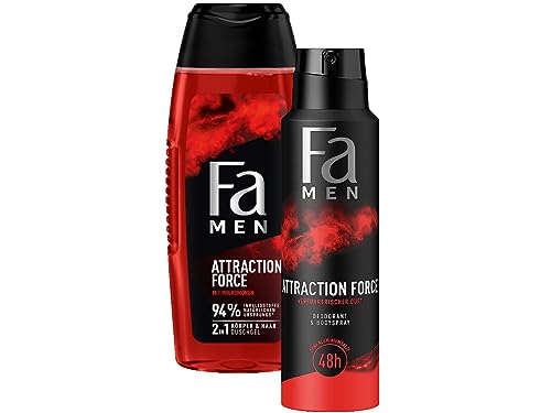 Fa Men 2in1 Körper & Haar Duschgel Attraction Force mit erfrischendem Duft von Bergamotte & Limette, 1x 250 ml & Fa Men Deodorant & Bodyspray Attraction Force,1x 150ml von Fa