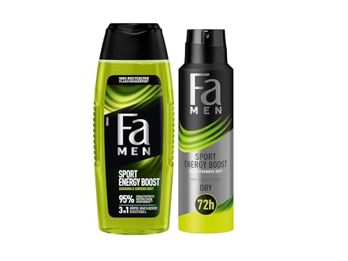 Fa Men 3in1 Körper, Haar & Gesicht Duschgel Sport Energy Boost (1x 250 ml) & Deospray (1x 150 ml) Anti-Transpirant mit dem aktivierenden Duft von Ingwer & Zitrone, 72h Stunden Schutz von Fa