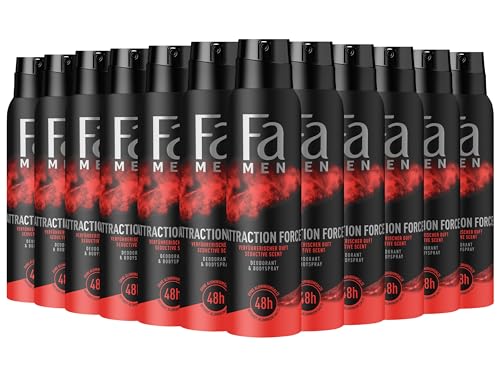 Fa Men Deodorant & Bodyspray Attraction Force (12x 150 ml), Deospray mit verführerischem Duft, Deo ohne Aluminium für bis zu 48 h Deo-Schutz, hinterlässt keine Deo-Rückstände von Fa