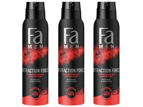 Fa Men Deodorant & Bodyspray Attraction Force (3x 150 ml), Deospray mit verführerischem Duft, Deo ohne Aluminium für bis zu 48 h Deo-Schutz, hinterlässt keine Deo-Rückstände von Fa