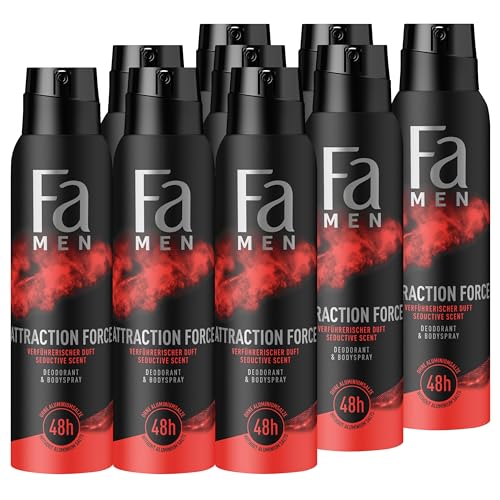 Fa Men Deodorant & Bodyspray Attraction Force (9x 150 ml), Deospray mit verführerischem Duft, Deo ohne Aluminium für bis zu 48 h Deo-Schutz, hinterlässt keine Deo-Rückstände von Fa