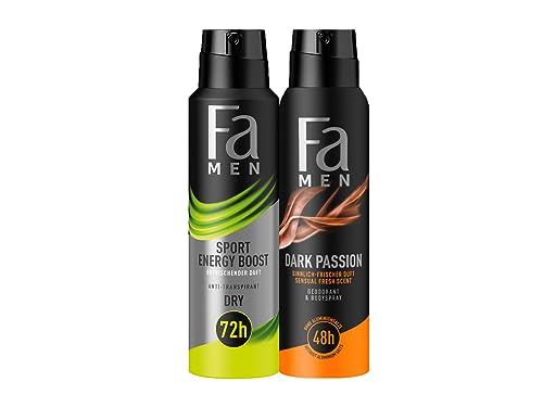 Fa Men Deodorant & Bodyspray Dark Passion mit sinnlich-frischem Duft, 1x 150 ml & Fa Men Anti-Transpirant Deospray Sport Energy Boost mit erfrischendem Duft, 1x 150 ml von Fa