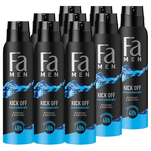 Fa Men Deodorant & Bodyspray Kick Off (9x 150 ml), Deospray mit aktivierend-frischen Duft, Deo ohne Aluminium für bis zu 48 h Deo-Schutz, hinterlässt keine Deo-Rückstände von Fa