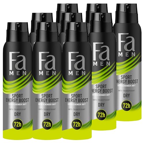 Fa Men Deospray Sport Energy Boost (9x 150 ml), Anti-Transpirant mit bis zu 72 h Schutz vor Schweiß & Körpergeruch, Deo mit dem aktivierenden Duft von Ingwer & Zitrone von Fa