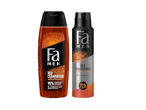 Fa Men Duschgel Red Cedarwood (1x 250 ml) Duschpflege mit 2in1 Formel & Deospray (1x 150 ml) mit kraftvollem & langanhaltendem Duft Zedernholz & Whiskey, Parfüm-inspirierter Duft von Fa