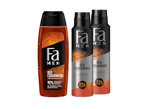 Fa Men Duschgel Red Cedarwood (1x 250 ml) Duschpflege mit 2in1 Formel & Deospray (2x 150 ml) mit kraftvollem & langanhaltendem Duft Zedernholz & Whiskey, Parfüm-inspirierter Duft von Fa