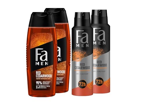 Fa Men Duschgel Red Cedarwood (2x 250 ml) Duschpflege mit 2in1 Formel & Deospray (2x 150 ml) mit kraftvollem & langanhaltendem Duft Zedernholz & Whiskey, Parfüm-inspirierter Duft von Fa