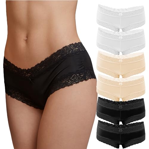 Fabio Farini 6er Pack Damen Panties Hipster mit verführerischen Spitzendetails - Frauen Unterhosen Brazilian Slips Brasil Spitze Set Unterwäsche 2X Weiß/2x Schwarz/2x Apricot 44-46 von Fabio Farini