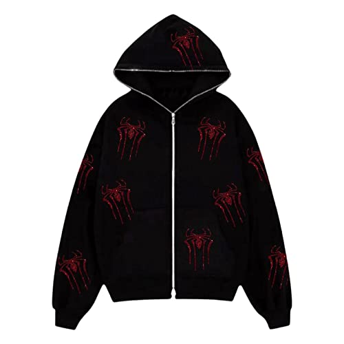 Fabumily Herren Damen Skeleton Zip Up Hoodie Y2k Strass Übergroßes Kapuzen-Grafik-Sweatshirt Dünne Gothic-Ästhetik-Jacken (B-Black Red Spider, L) von Fabumily