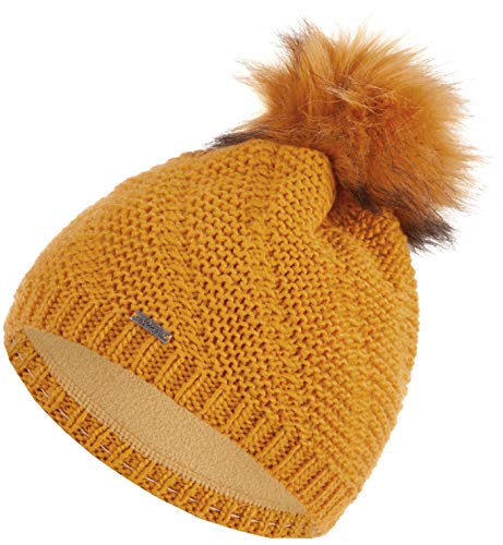 Faera Wintermütze Mütze Damen warm gefüttert Kunstfell Bommelmütze Fleecefutter Winter Herbst Strickmütze Beanie Mädchen 64, Farbe:Senf von Faera