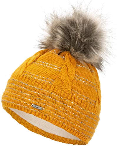 Faera Wintermütze Mütze Damen Pailletten warm gefüttert Bommelmütze Fleecefutter Winter Mädchen Weihnachten Strickmütze Beanie, Farbe:Senf von Faera