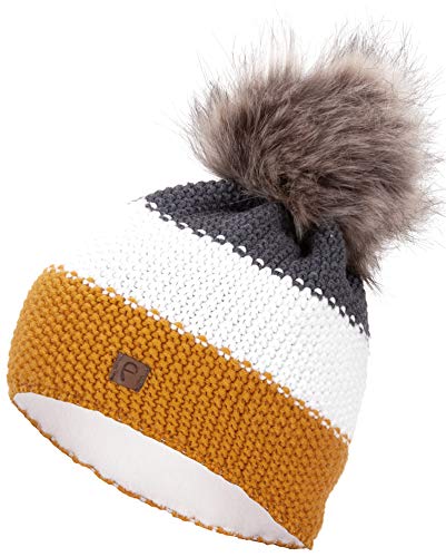 Faera Wintermütze Damen Mütze warm gefüttert Mädchen Bommelmütze Fleecefutter Winter Strickmütze Beanie Herren 35, Farbe:Senf von Faera