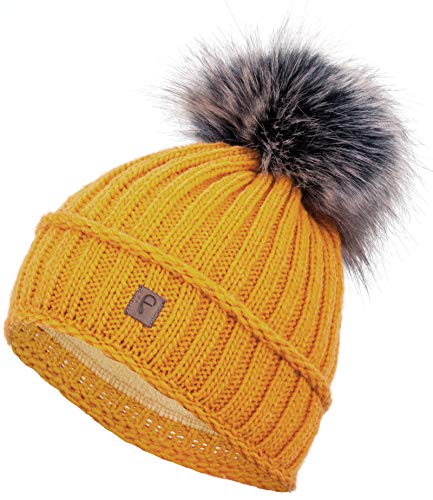 Faera Wintermütze Damen Mütze gefüttert mit Kunstfell Bommelmütze Mädchen Fleecefutter Winter Strickmütze Beanie Herren 34, Farbe:Senf von Faera