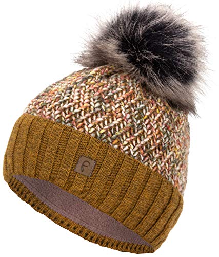 Faera Wintermütze Mütze Damen gefüttert mit Kunstfell Bommelmütze Bommel Fleecefutter Winter Strickmütze Beanie Mädchen, Farbe:Senf von Faera