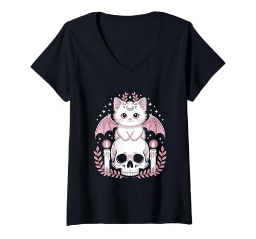Damen Goblincore Katze Fledermaus auf Schädel Mond Cottagecore T-Shirt mit V-Ausschnitt Damen Goblincore Katze Fledermaus auf Schädel Mond Cottagecore T-Shirt mit V-Ausschnitt von Fairycore Kawaii Mondphasen Designs