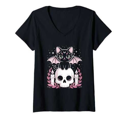 Damen Goblincore Katze Fledermaus auf Schädel Mond Cottagecore T-Shirt mit V-Ausschnitt Damen Goblincore Katze Fledermaus auf Schädel Mond Cottagecore T-Shirt mit V-Ausschnitt von Fairycore Kawaii Mondphasen Designs