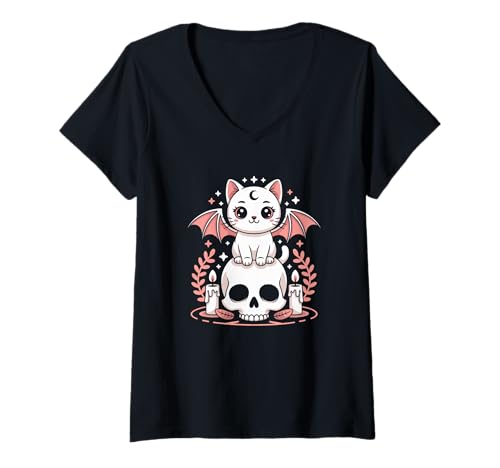 Damen Goblincore Katze Fledermaus auf Schädel Mond Cottagecore T-Shirt mit V-Ausschnitt Damen Goblincore Katze Fledermaus auf Schädel Mond Cottagecore T-Shirt mit V-Ausschnitt von Fairycore Kawaii Mondphasen Designs