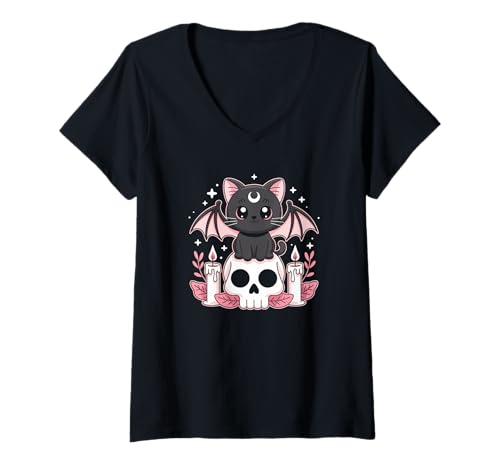 Damen Goblincore Katze Fledermaus auf Schädel Mond Cottagecore T-Shirt mit V-Ausschnitt Damen Goblincore Katze Fledermaus auf Schädel Mond Cottagecore T-Shirt mit V-Ausschnitt von Fairycore Kawaii Mondphasen Designs
