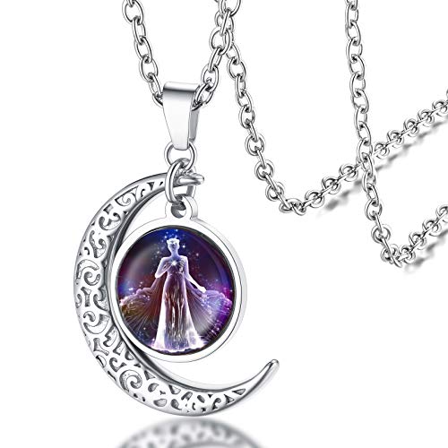 FaithHeart 12 Sternbild Anhänger für Damen Herren Charm Halbmond Halskette mit Sternzeichen Jungfrau Anhänger Horoskop Halskette für Ehefrau Freundin von FaithHeart