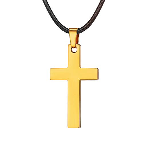 FaithHeart Damen Halskette mit Kreuz Anhänger Basic Religion Lederkette in 18K Vergoldet 45 cm lang von FaithHeart