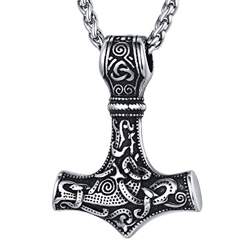 FaithHeart Edelstahl Wikinger Amulett Retro Thors Hammer Kette Silber Herren Kette mit Keltischer Knot Anhänger Viking Anhänger für Herren und Männer von FaithHeart