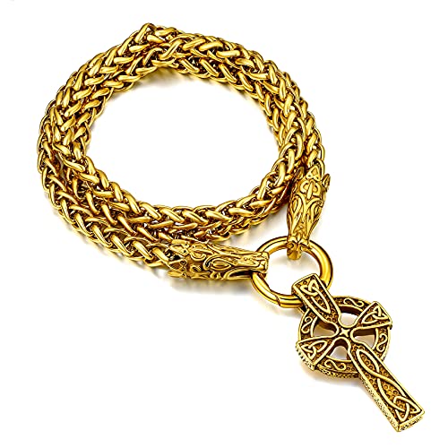 FaithHeart goldener Keltischer Knot Kreuz Anhänger Punk Irischer Amulett mit Wolfkopf Kette für Freunden Ehemann von FaithHeart