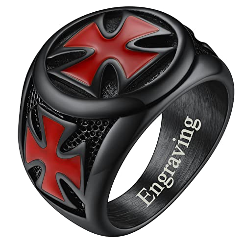 FaithHeart Herren Jungen Fingerring Schwarz Tempelritter Kreuzring in Größe 57 Retro Siegelring Bandring Statement Fingerring für Weihnachten Geburtstag von FaithHeart