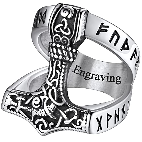 FaithHeart Herren Männer Fingerring Viking Thors Hammer Ring Personalisierter Mjölnir Fingerring mit Rune Symbol Partnerring Punk Fingerring für Halloween Geburtstag von FaithHeart