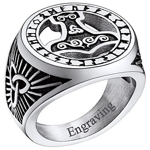 FaithHeart Herren Männer Ring Viking Retro Thors Hammer Fingerring im Runenkreis Punk Mjölnir Ring Hip pop Statement Ring Partnerring Freundschaftsring mit Wunschgravur für Geburtstag Halloween von FaithHeart