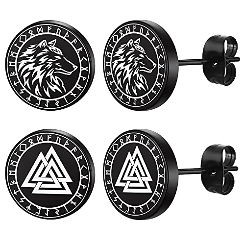 FaithHeart Punk 2 Pair Viking Ohrstecker Wikinger Wotansknoten Ohrstecker mit Rune Wolf Ohrstecker Punk Retro Viking Ohrschmuck mit Geschenkebox für Geburtstag Valentinstag Weihnachten von FaithHeart