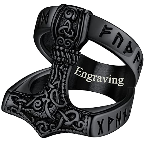 FaithHeart Punk Fingerring für Herren Männer schwarz Viking Stil Mjölnir Fingerring Wikinger Stil Thors Hammer Ring mit Rune Symbol für Freund Ehemann von FaithHeart