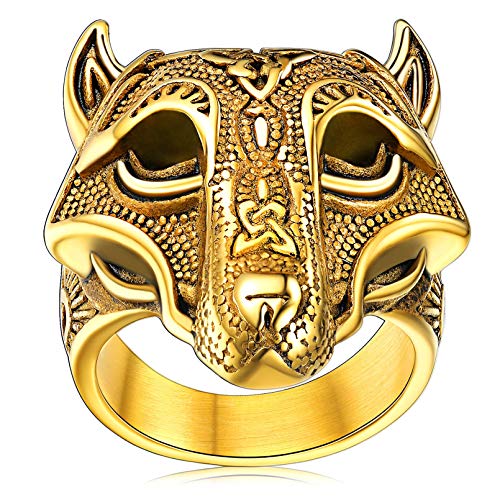 FaithHeart Punk Viking Wolfskopf Fingerring Hip pop Retro Siegelring Statement Fingerring Wikinger Keltischer Knot Ring für Damen Jungen Herren von FaithHeart