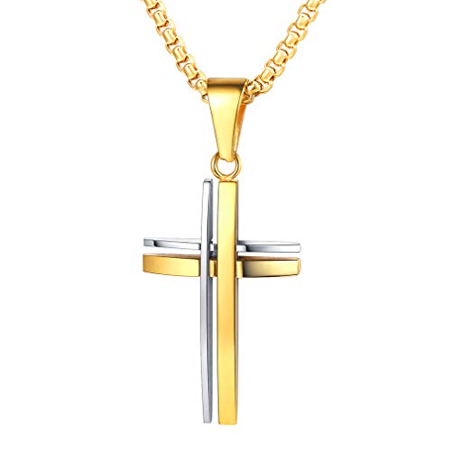 FaithHeart Herren Jungen Kreuz Anhänger Kette Halskette Edelstahl Gold Kruzifix Anhänger mit Venezianierkette für Freunden Ehemann von FaithHeart