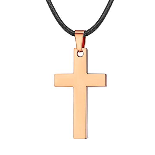 FaithHeart Schmuck Edelstahl Herren Halskette Kreuz Roségold Anhänger mit 2mm breite Lederkette von FaithHeart