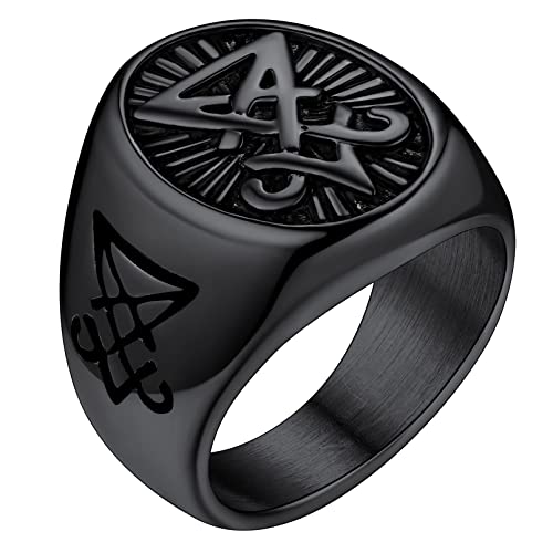 FaithHeart Schwarz Herren Männer Ring Satanic Lucifer Fingerring Satanic Luzifer Ring Punk Siegelring Biker Ring für Weihnachten Geburtstag von FaithHeart