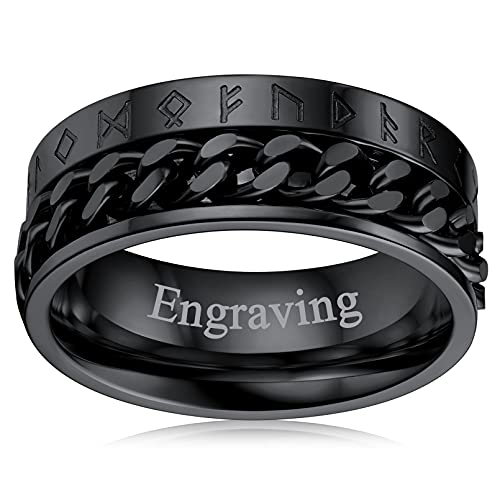 FaithHeart Schwarz Panzerkette Fingerring mit Rune Symbol Punk Herren Jungen Spinnerring mit Kette Mittelring zum drehen Partnerring Ehering drehbarer Meditationsring von FaithHeart