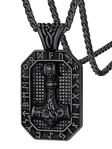 FaithHeart Schwarz Thors Hammer Kette für Herren, Wikinger Mjölnir Halskette mit Rune Symbol, Wikinger Amulett für Geburtsstag Vatertag von FaithHeart