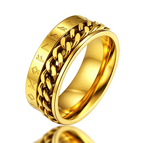 FaithHeart goldener Spinnerring mit Rune Symbol Panzerkette Fingerring mit Mittelring zum drehen Punk Partnerring Ehering mit Geschenkebox für Party Weihnachten von FaithHeart