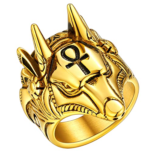 FaithHeart goldener Ägypten Anubis Fingerring in Größe 54.4 Punk Ankh Kreuz Ring mit Geschenkebox für Geburtstag Weihnachten Vatertag von FaithHeart