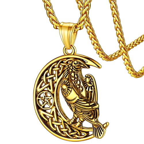 FaithHeart goldener Viking Rabe Kette mit Halbmond für Herren Jungen Wikinger Raven Anhänger Nordischer Schmuck mit Geschenkebox für Geburtstag Vatertag Muttertag von FaithHeart