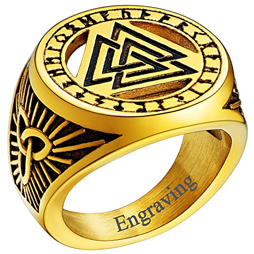 FaithHeart goldener Viking Valknut Fingerring im Runenkreis Wikinger Style Valknut Fingerring in Ringgröße 64.6mm Punk Retro Partnerring Freundschaftsring mit Gravur von FaithHeart